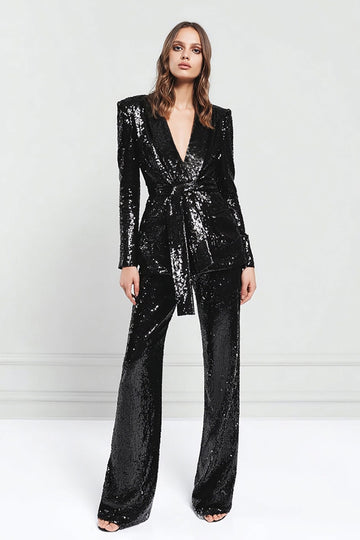 Sparkly Black 2 Piece Women Prom Suits With Sash